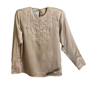 Vintage SK & Company Creamy Gold Silky Pearl Embellished Blouse - Size 8​